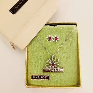 Vintage Curtis. Ruby Snowflake Sterling 925 14k Posts Stud Earring Necklace Set